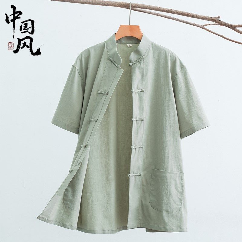 中国风唐装男夏季弹力棉麻短袖衬衫中式复古盘扣男装汉服半袖上衣,男装,唐装,淘宝优惠券,粉丝福利购,淘宝优惠卷