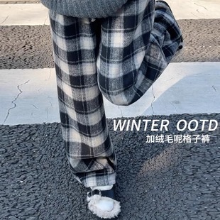 秋季 女童加絨褲 子秋冬款 洋氣外穿兒童C一體絨格子褲 女大童闊腿長