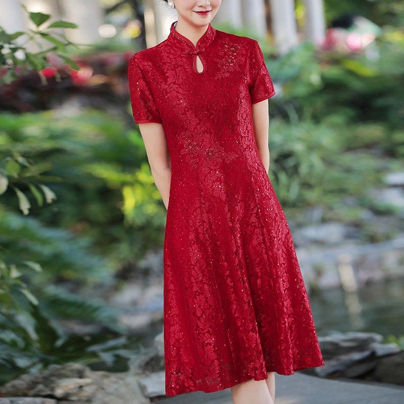 小个子年轻妈妈婚宴礼服旗袍连衣裙A字改良蕾丝婚礼喜婆婆夏款女