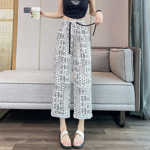 2025新款 子女夏季 薄款 高腰宽松休闲沙滩裤 窄版 九分印花阔腿裤 花裤