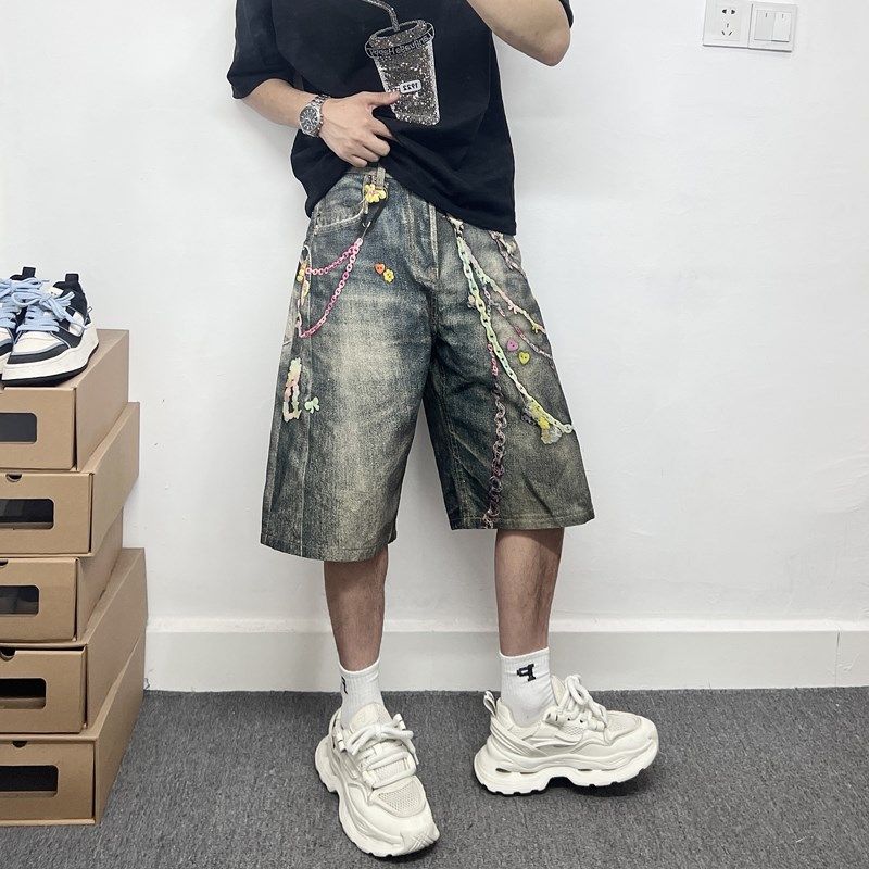 3D印花挂饰链条阔腿七分牛仔裤男设计感直筒中裤子美式宽松短裤男,男装,短裤,淘宝优惠券,粉丝福利购,淘宝优惠卷