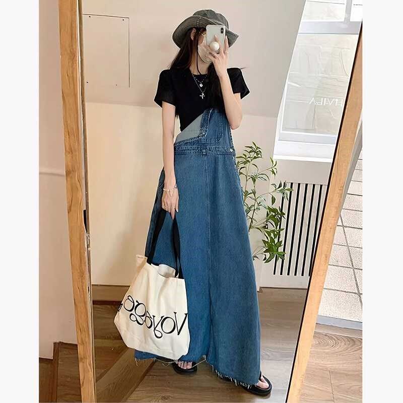 港风复古牛仔背带裙女夏季2024新款遮肉减龄小众设计感连衣长裙子