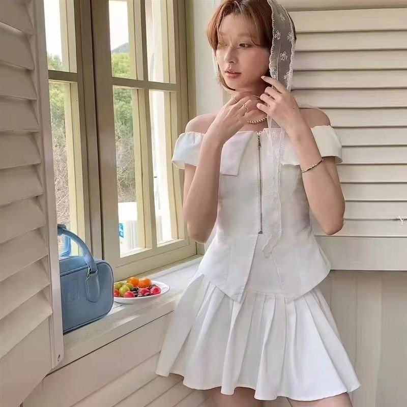 2025夏新款十三行法式一字肩荷叶边上衣+高腰显瘦半身裙两件套装