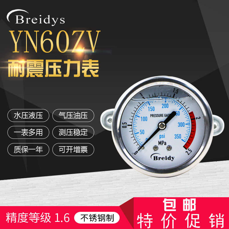 压力表YN60ZV轴向带支架压力表不锈钢压力表气压表水压表0-1.6MPa