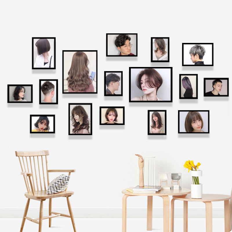 理发店墙面装饰照片墙免打孔发型图片美发店墙画发廊壁画相框玻璃