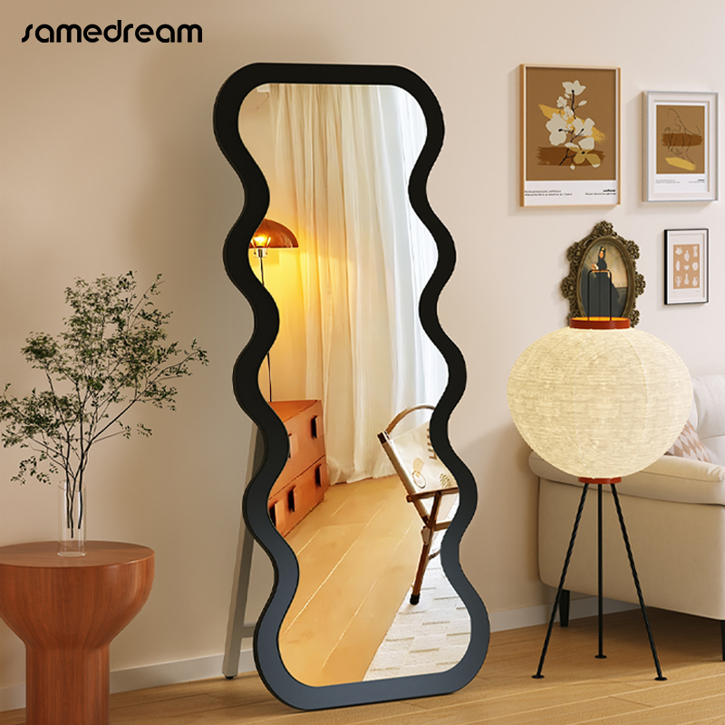 中古波浪全身镜家用落地镜子壁挂异型高级感穿衣镜卧室网红试衣镜