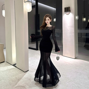 名媛御姐风情万种黑色连衣裙女纯欲性感一字肩蕾丝拼接包臀长裙子