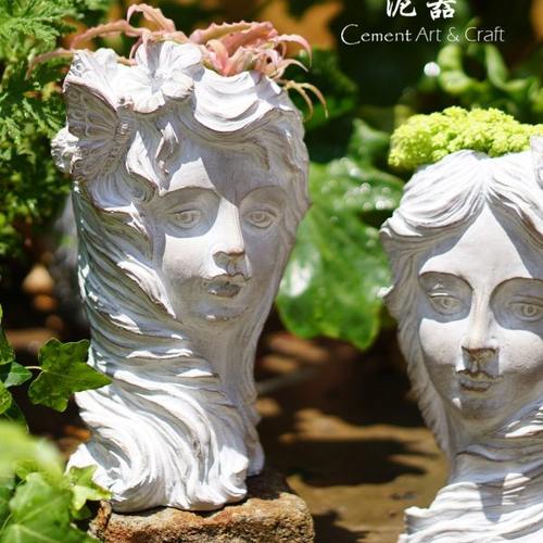 泥器创意特色文艺北欧人物雕像女孩水泥花盆插花摆件装饰多肉绿植