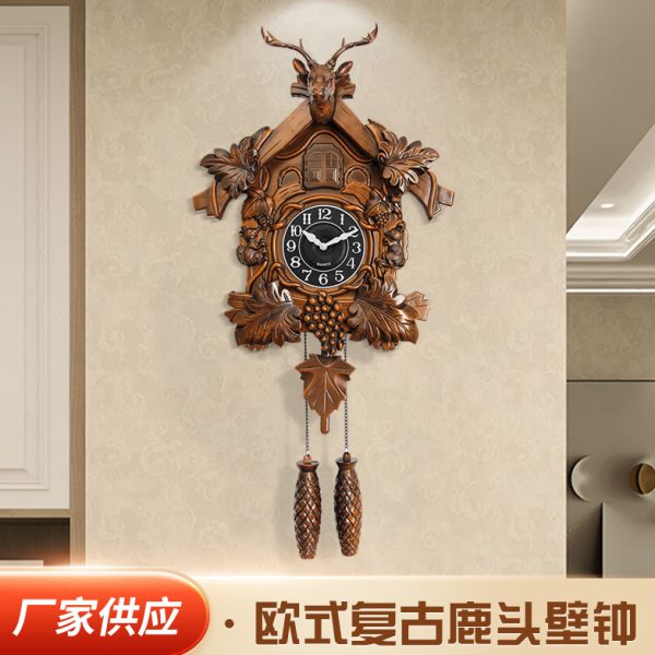欧式复古壁鹿布谷鸟鹿头壁钟家用装饰挂表时钟报时挂钟静音石英钟