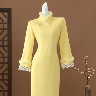 黄色改良旗袍加厚长袖 回娘家2025新款 新中式 秋冬款 日常穿 高端修身