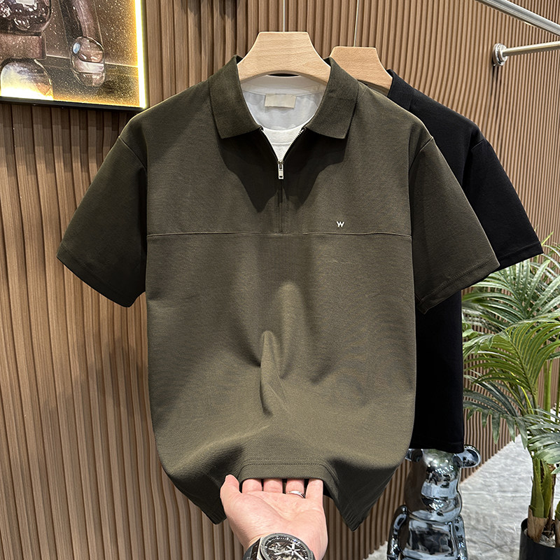 假两件美式重磅领短袖t恤男士polo衫落肩袖透气翻领微阔T恤保罗衫