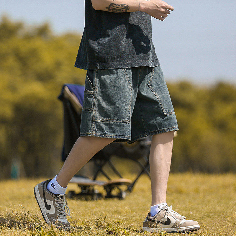 铆钉伐木工装牛仔短裤男款夏季外穿潮流潮牌宽松休闲男生五分裤子