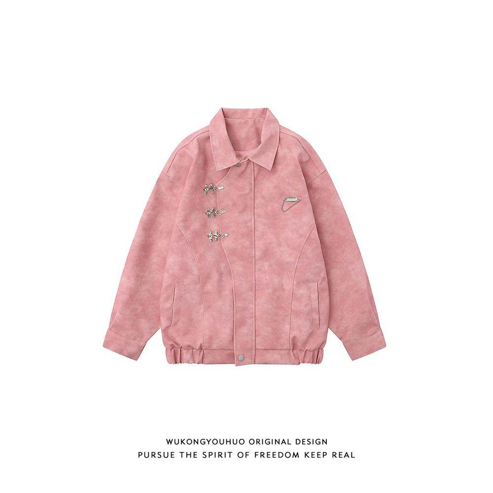 美式金属装饰粉色翻领皮衣夹克男女潮牌宽松百搭情侣外套