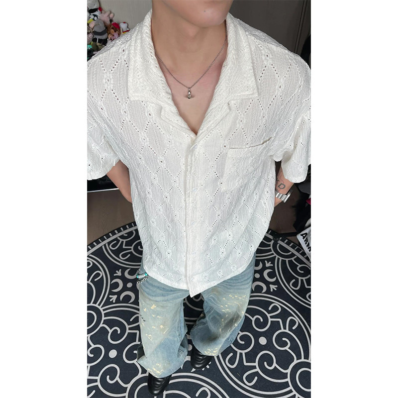 白色古巴领衬衫男夏美式cleanfit开衫针织镂空短袖痞帅慵懒风t恤