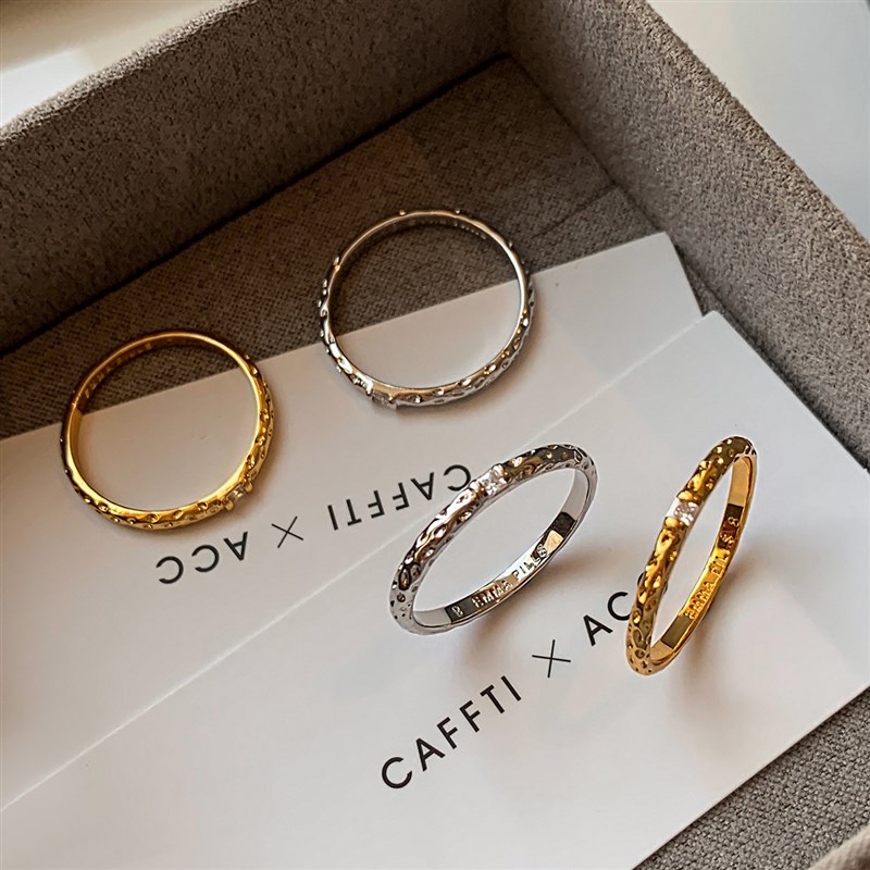 简约手工锤纹金属银色锆石叠戴细戒指女2025新款轻奢高级感食指戒