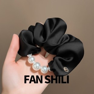 黑色大肠缎面发圈珍珠头绳扎丸子头盘发专用皮筋女士大号头花发饰