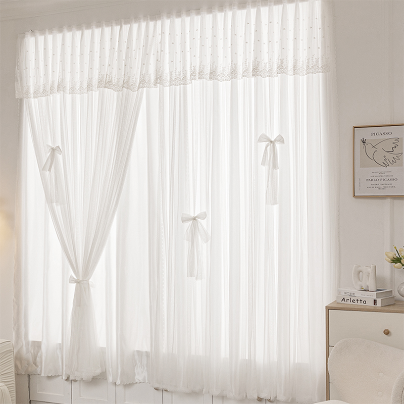 白色双层绣花帘头免打孔魔术贴自粘简易安装成品半遮光卧室飘窗帘