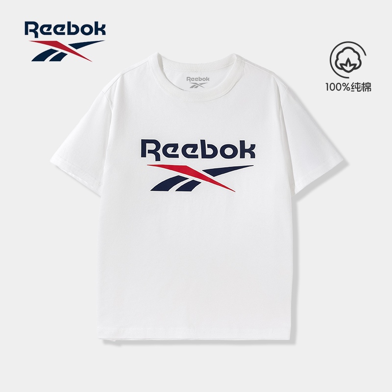 Reebok锐步男童短袖t恤夏季纯棉半袖儿童白色上衣大童圆领家居服