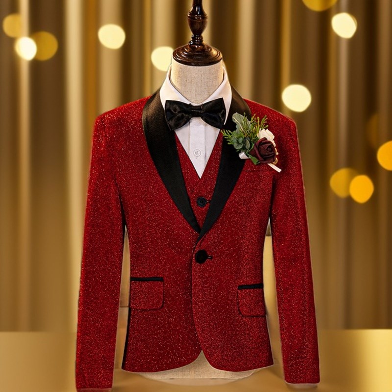 新年儿童红色亮片西装套装男童元旦晚会主持人礼服舞台走秀演出服