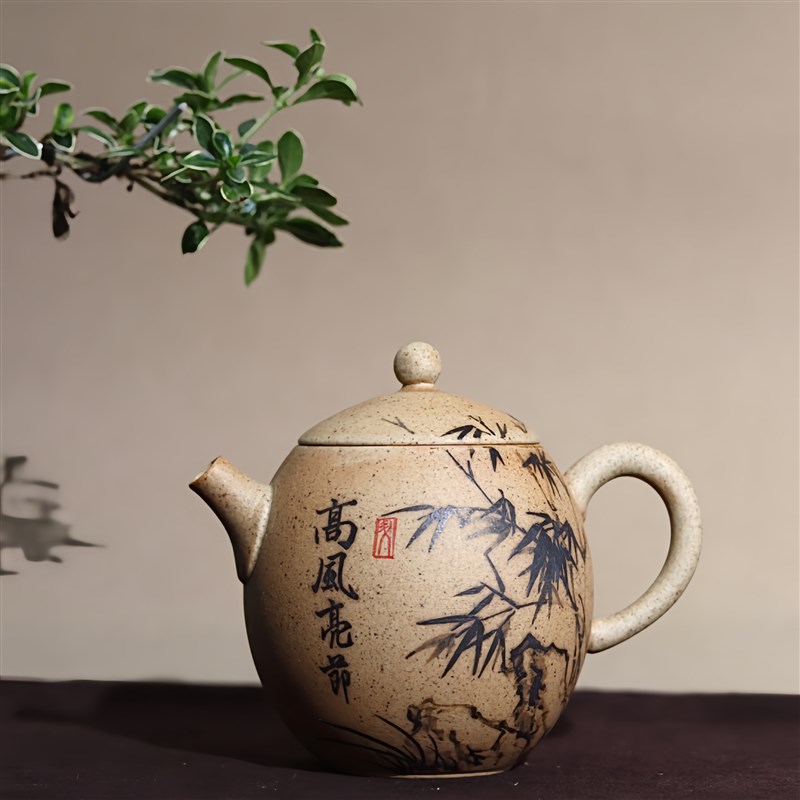 定风波原矿陶泥手绘竹子茶壶复古泡茶陶瓷手把壶景德镇茶具定制