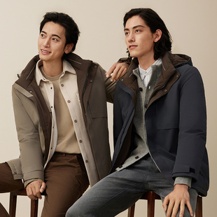 红豆保暖小太阳羽绒服男防风防水可拆卸连帽款冬季加厚外套男款