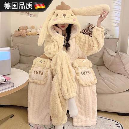 德国2024新款秋冬季睡袍女款珊瑚绒睡衣加绒加厚卡通可外穿家居服