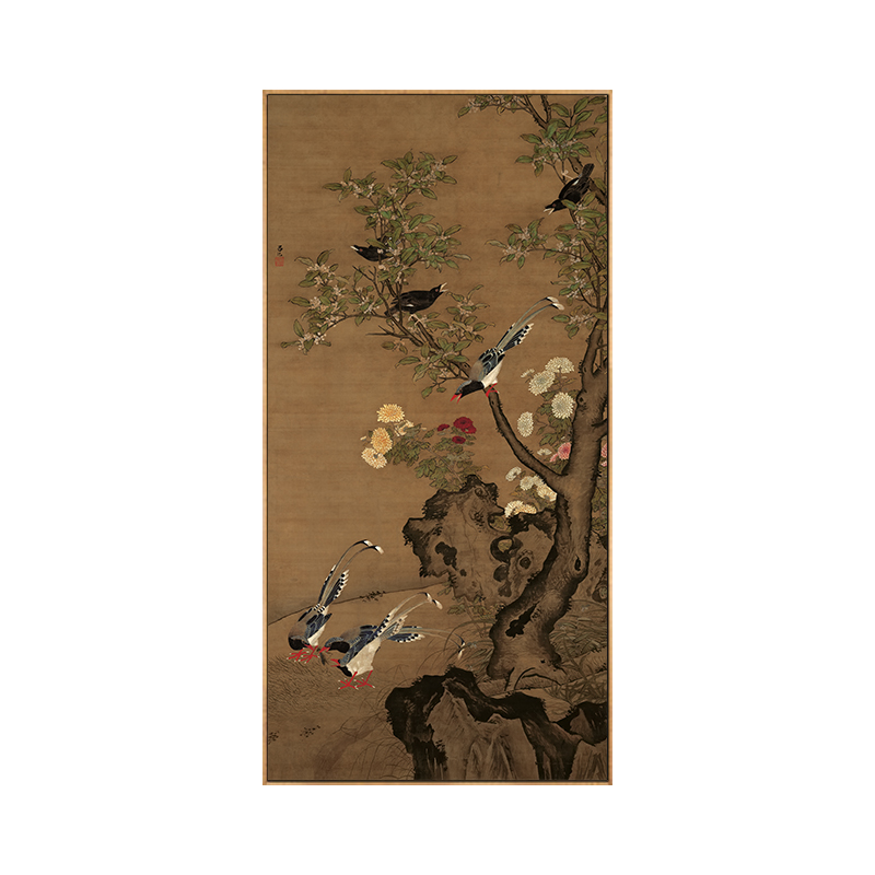 明清古典国画孔雀玄关竖版挂画客厅走廊过道茶室背景墙复古装饰画图片