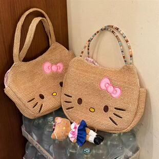 猫KT草编包可爱卡通ins手提风外出可百搭携式大容量通勤夏天学生