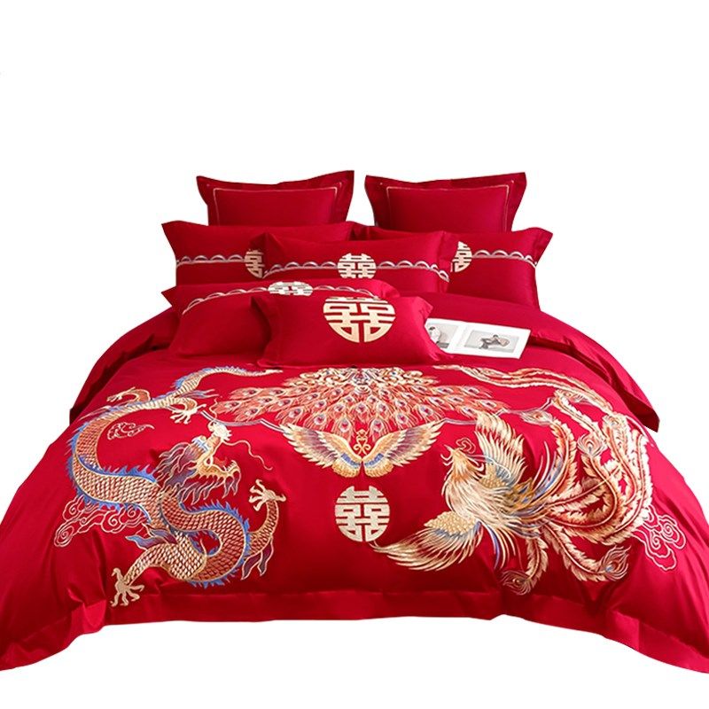 中式龙凤刺d绣大红色婚庆四件套新婚陪嫁结婚六件床单被套床上用,床上用品,婚庆床品套件,淘宝优惠券,粉丝福利购,淘宝优惠卷