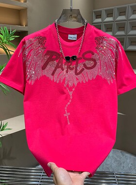 个性烫钻翅膀黑色圆领T恤男士20C25夏季款休闲时尚宽松显瘦半截袖