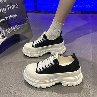 百搭薄款 厚底增高小白鞋 时尚 女2025春季 透气运动X休闲帆布板 新款