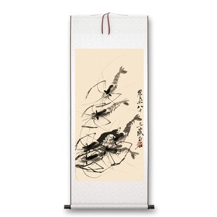 齐白石 饰画挂画玄关水墨高清卷轴字画 六虾图 客厅p书房茶室装