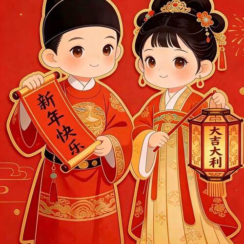2026双面新款正本清源汉服年画娃娃门神新年贴纸喜庆可爱卡纸覆膜