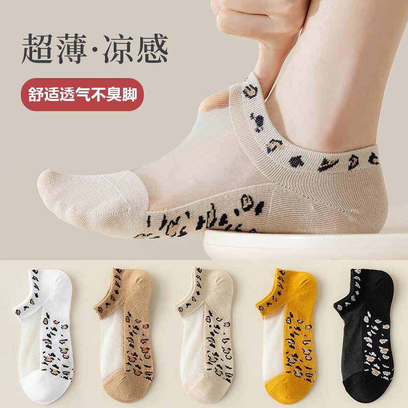 时尚女士豹纹玻璃丝短筒透明拼接透气卡丝袜