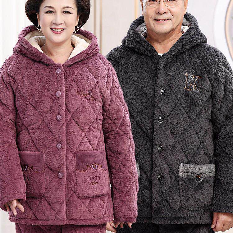 睡衣女中老年情侣珊瑚绒保暖三层夹棉男士加厚加绒爸爸妈妈秋冬季