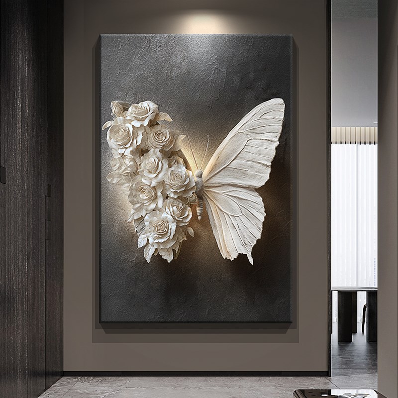 高级感黑白蝴蝶玄关装饰画浮雕立体感客厅沙发背景墙壁挂画落地画图片