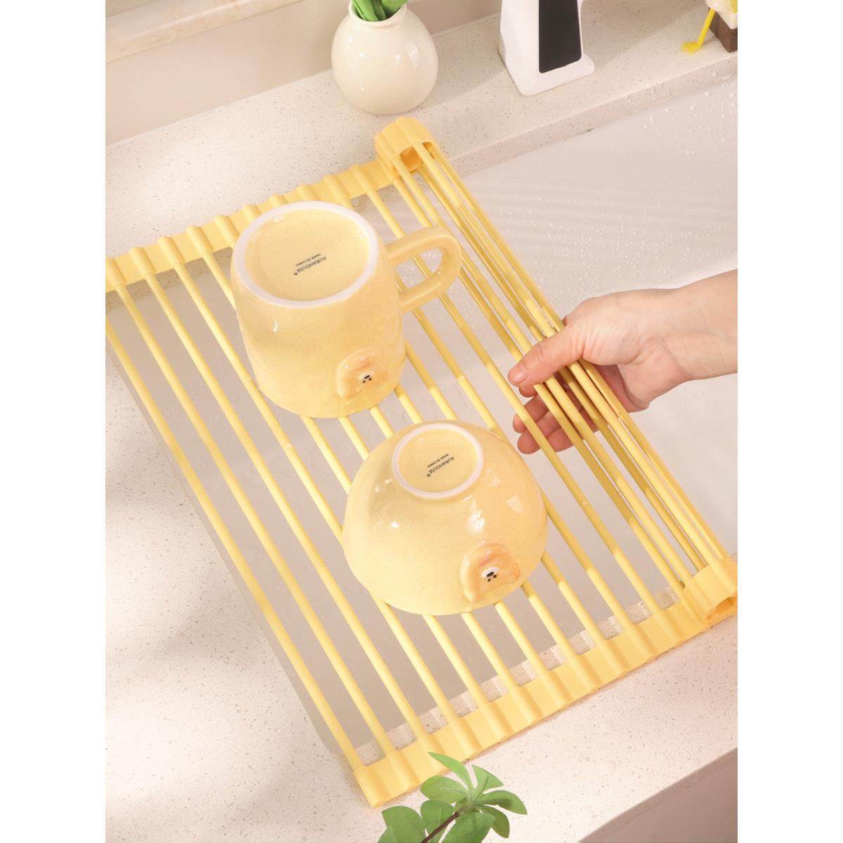 奶油风硅胶全包可折叠沥水架碗碟盘收纳水槽台面置物架卷帘沥水篮,厨房/烹饪用具,水槽置物架,淘宝优惠券,粉丝福利购,淘宝优惠卷