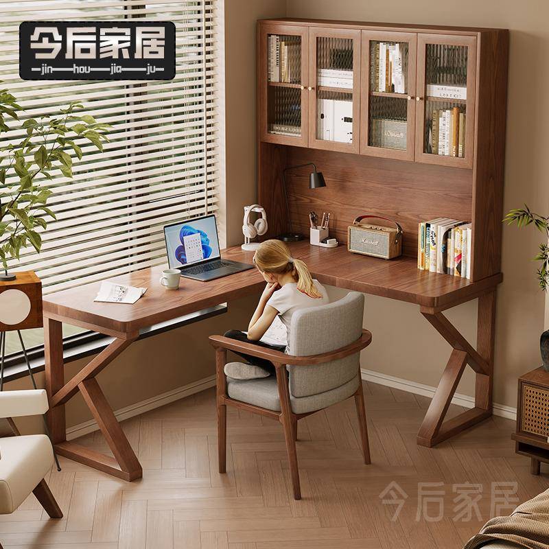 转角书桌电脑桌卧室家用实木书架一体桌子工作台学习拐角书柜组合