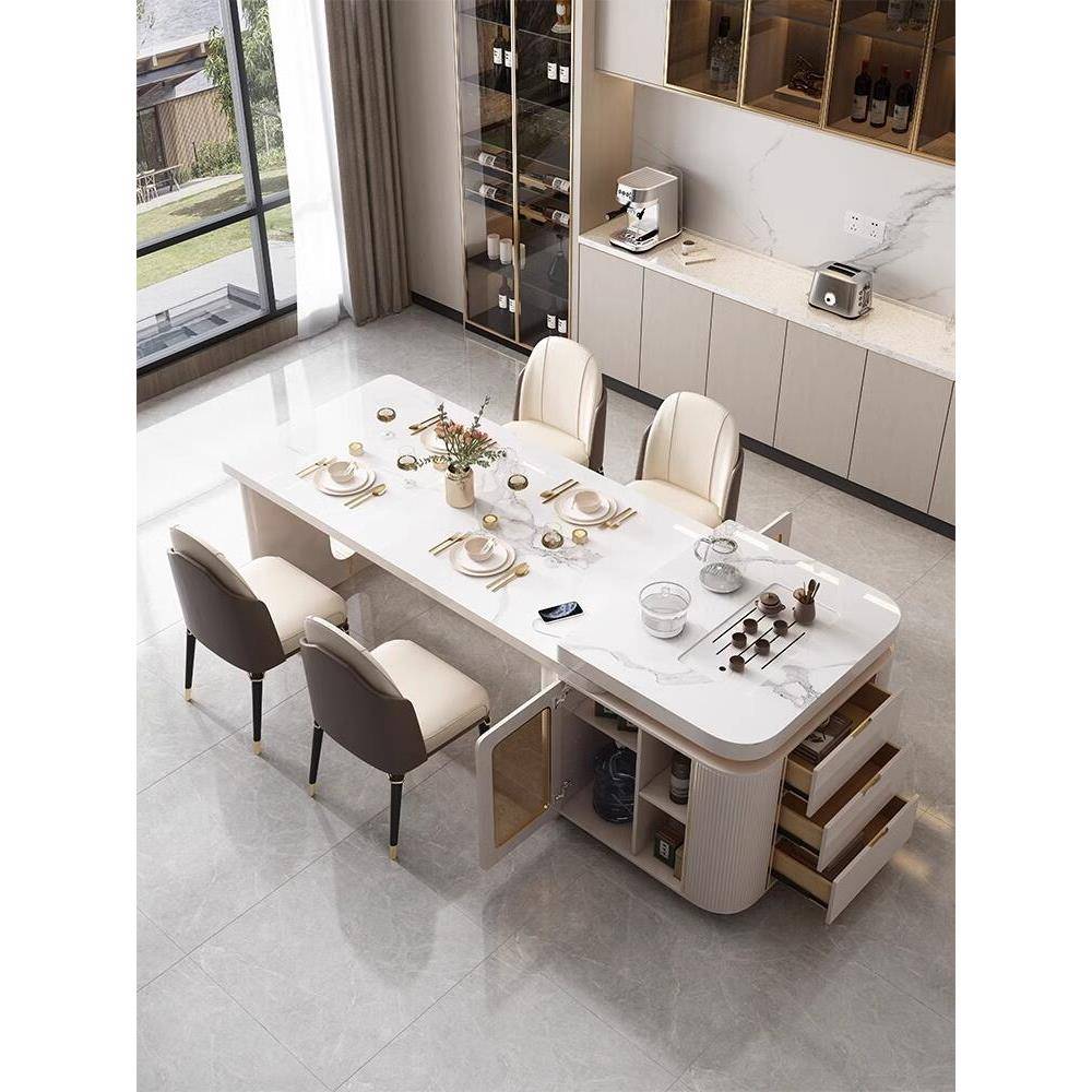 岛台餐桌一体可伸缩岩板多功能带电磁炉家用轻奢现代简约导台茶桌