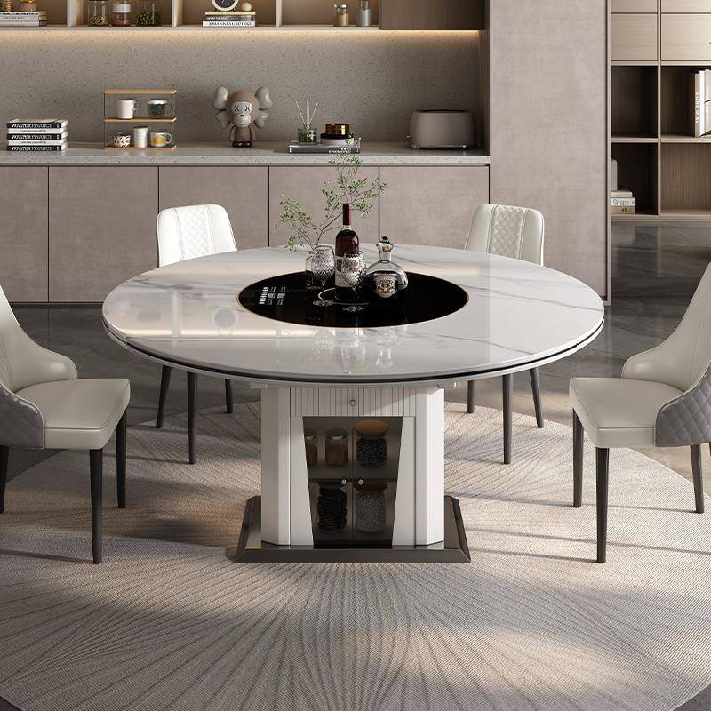 岩板餐桌带电磁炉暖菜板电动内嵌转盘现代简约伸缩家用多功能饭桌