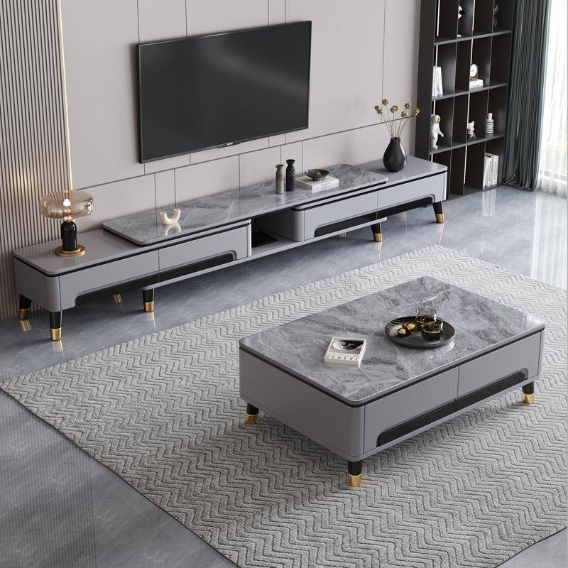 岩板茶几电视柜组合现代简约客厅家用电视机柜轻奢伸缩实木落地柜