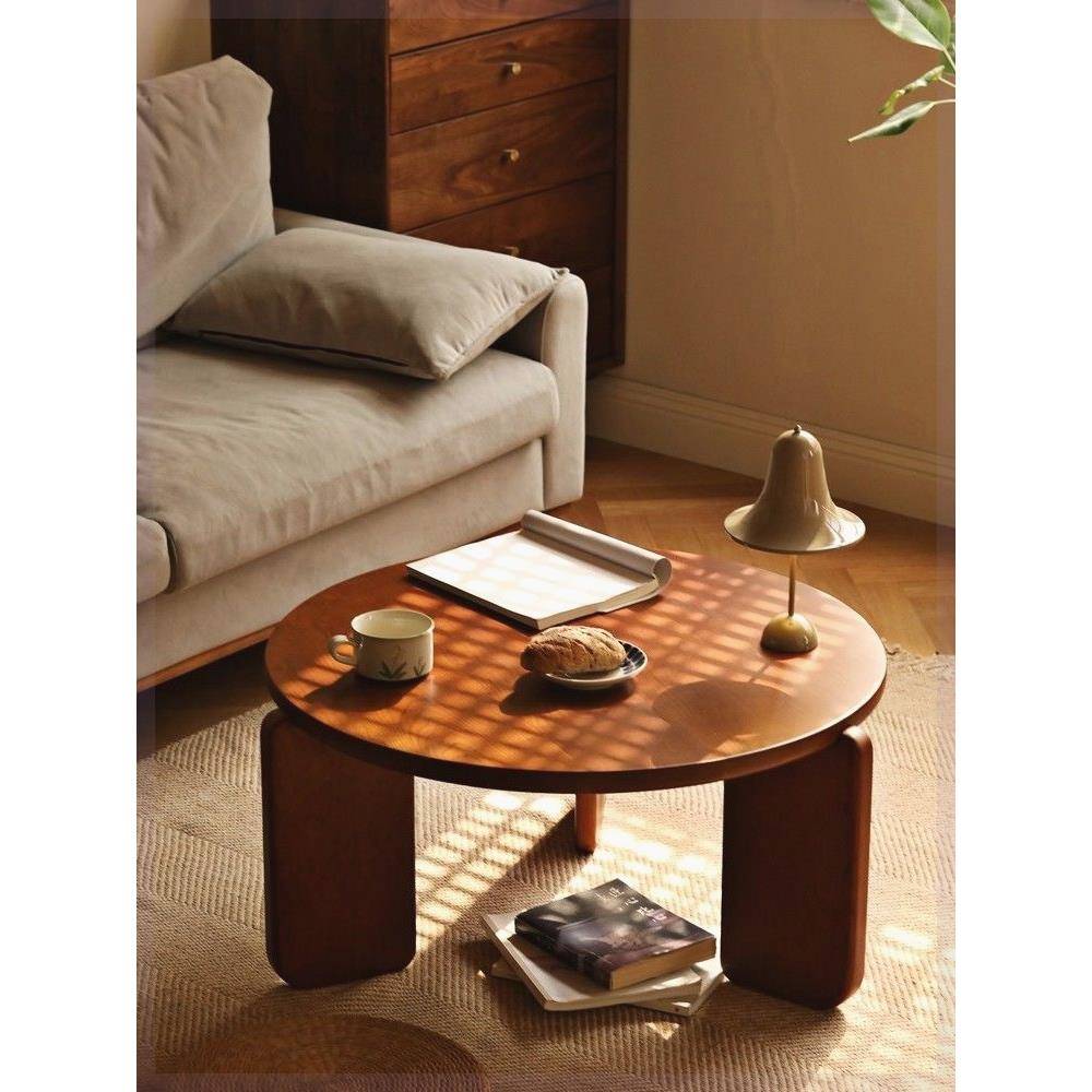 精致小圆茶几现代客厅简约圆形柚木色黑色中古茶几实木原木客厅圆