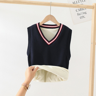 儿童毛线马甲男孩女童加绒加厚保暖外穿学生校服毛衣背心男童马夹