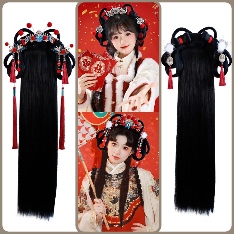 懒人一体式发箍假发套新年风财神饰品假发套装古装汉服明制假发包