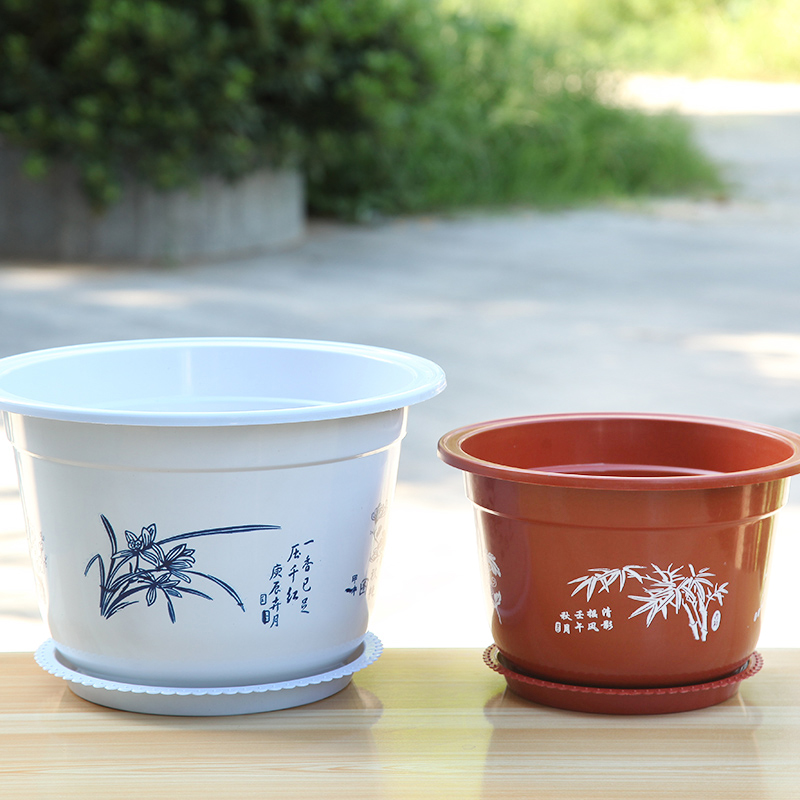 优质地面桌面花卉绿植沥水高级仿陶瓷圆形红塑料花盆园艺控水花盘