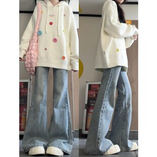 浅蓝色微喇叭牛仔裤女春秋2024新款小个子显瘦高腰直筒宽松阔腿裤