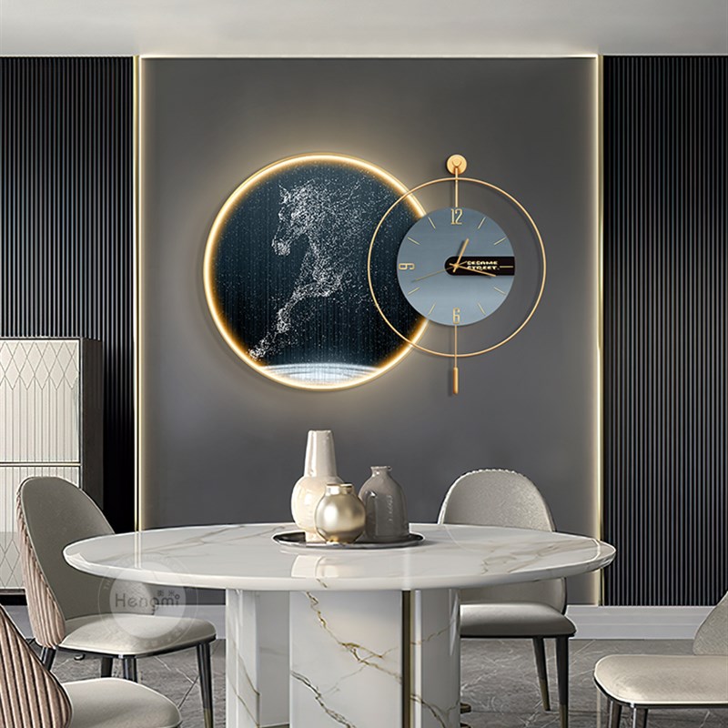 马到成功餐厅装饰画高档钟表组合画led灯画饭厅壁画圆形客厅挂画图片