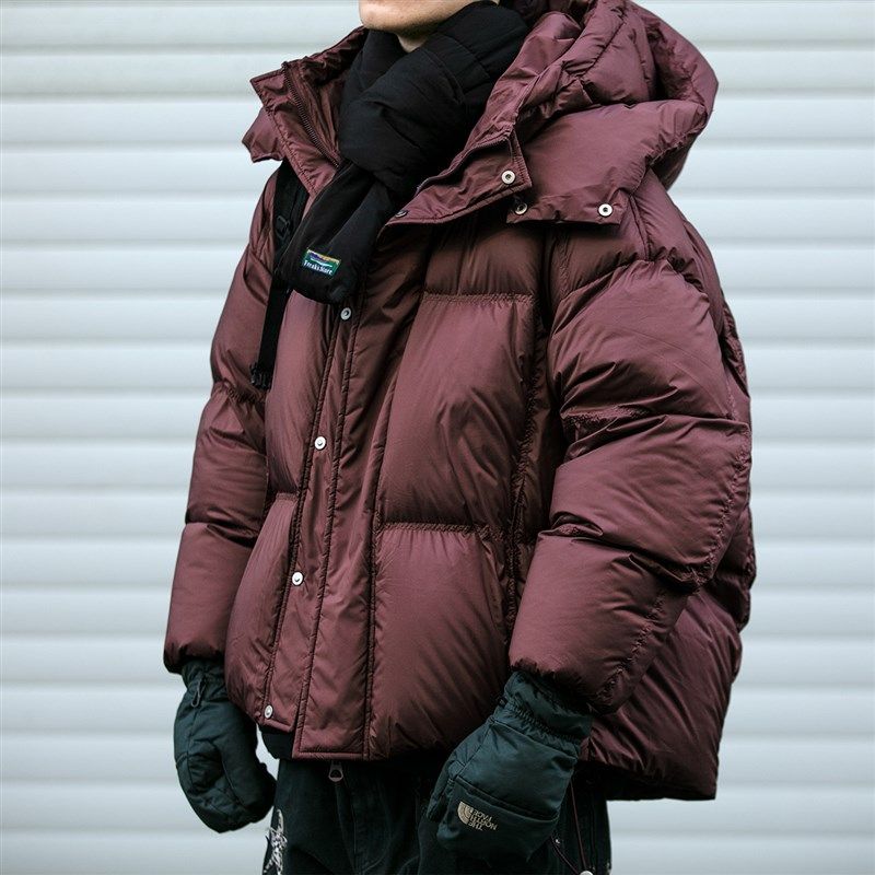 可拆卸双帽设计安可拉红高蓬松羽绒服男冬季防风领加厚面包服外套