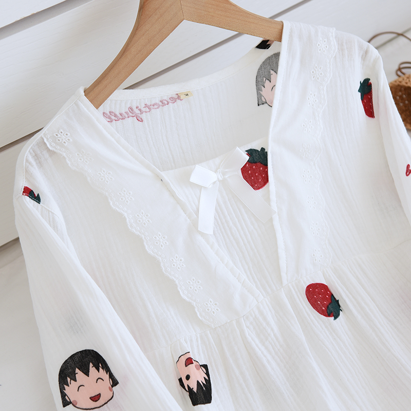 睡衣女春秋纯棉套装全棉长袖双层纱布可爱夏季薄款无领套头家居服