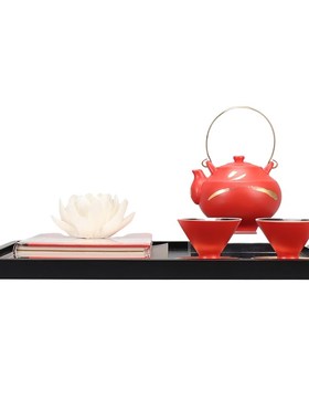 新中式国风红茶具莲花托盘组合摆件样板房间售楼处茶室茶几饰品